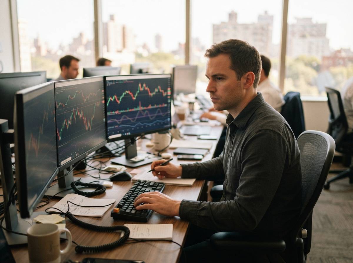 A commodities trader reviews futures price charts on multiple monitors at a desk.