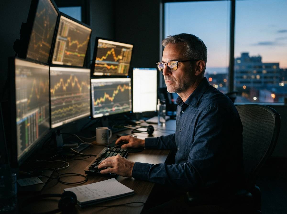 A commodities trader watches gold and oil price charts on multiple computer screens at dusk.