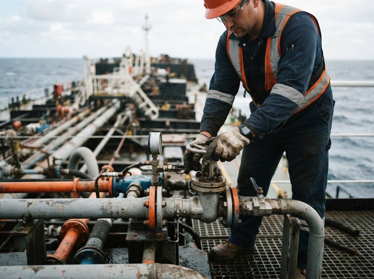 A crew member inspects pipeline equipment aboard an offshore oil vessel.