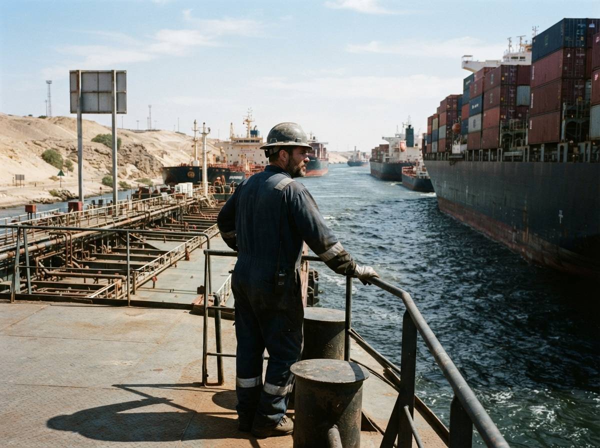 A crewman on a tanker deck watches other ships pass through the Suez Canal in bright daylight.
