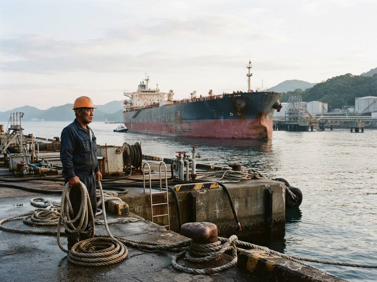 A crude tanker approaches an oil terminal on Japan’s southwestern coast.