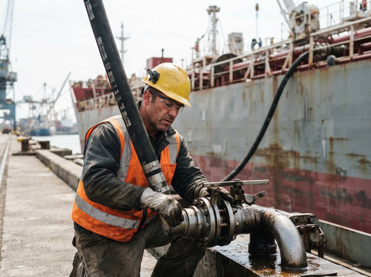A dockworker monitors a fuel oil loading hose at a tanker terminal.