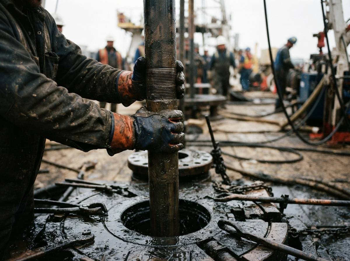 A driller's gloved hands guide steel casing pipe into a wellbore at an oil drilling site.