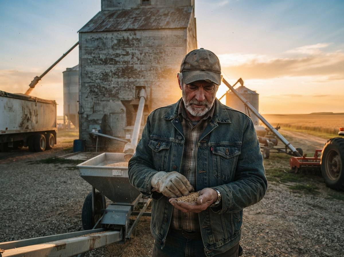 A farmer examines wheat kernels by hand near a grain elevator at sunset.