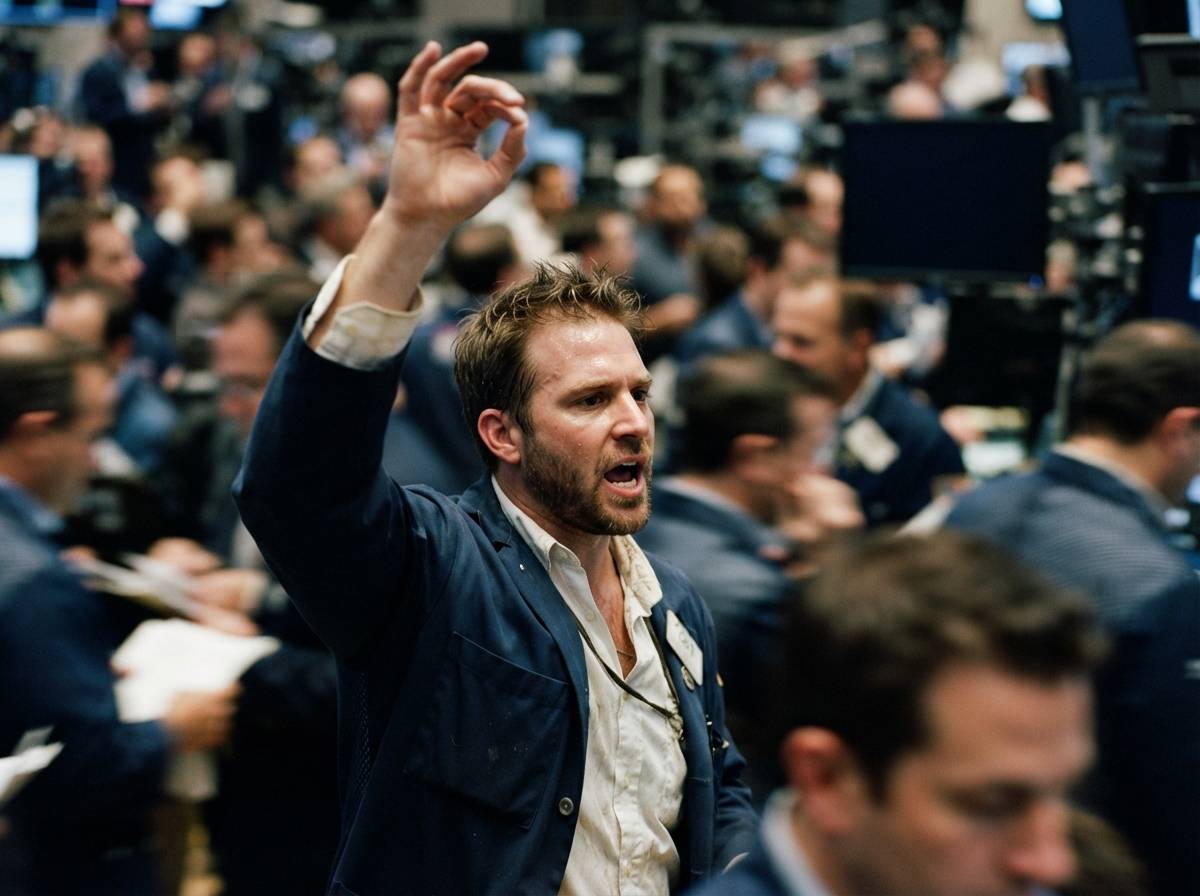 A floor trader raises his hand to signal an order in the crude oil futures pit.