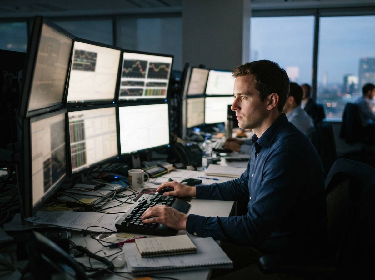 A foreign exchange trader working at a multi monitor desk during early evening light.