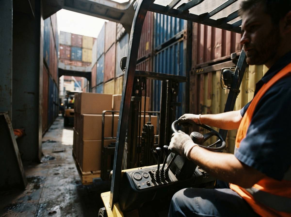 A forklift operator moves a pallet of goods across a busy shipping dock lined with cargo containers.