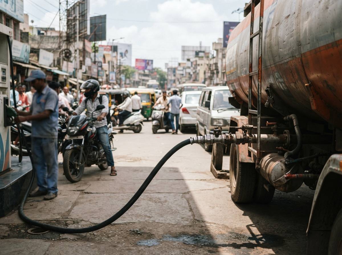 A fuel delivery truck refueling a gas station in India while attendants serve customers.