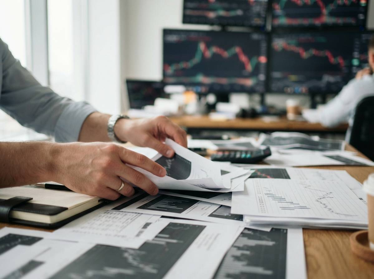 A fund manager reviews printed drawdown charts and return figures spread across a desk.