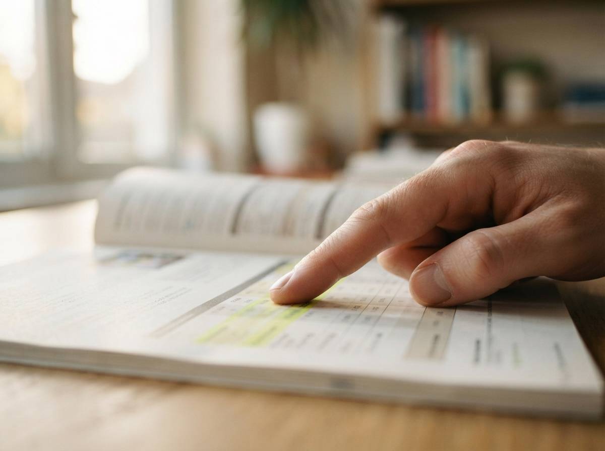 A hand pointing at fee figures highlighted on a printed mutual fund prospectus.