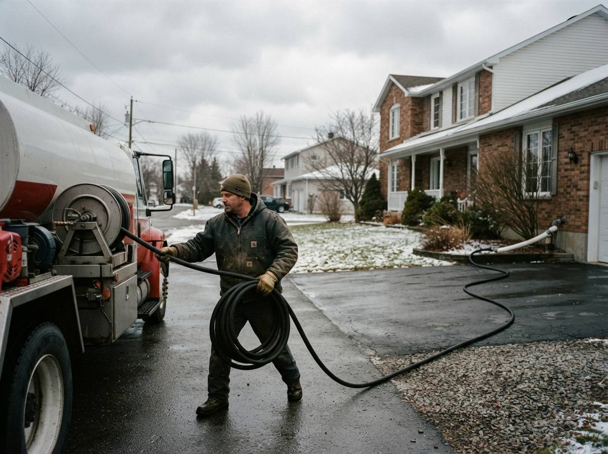 A heating oil delivery driver connects a hose to a home's tank on a cold, overcast day.