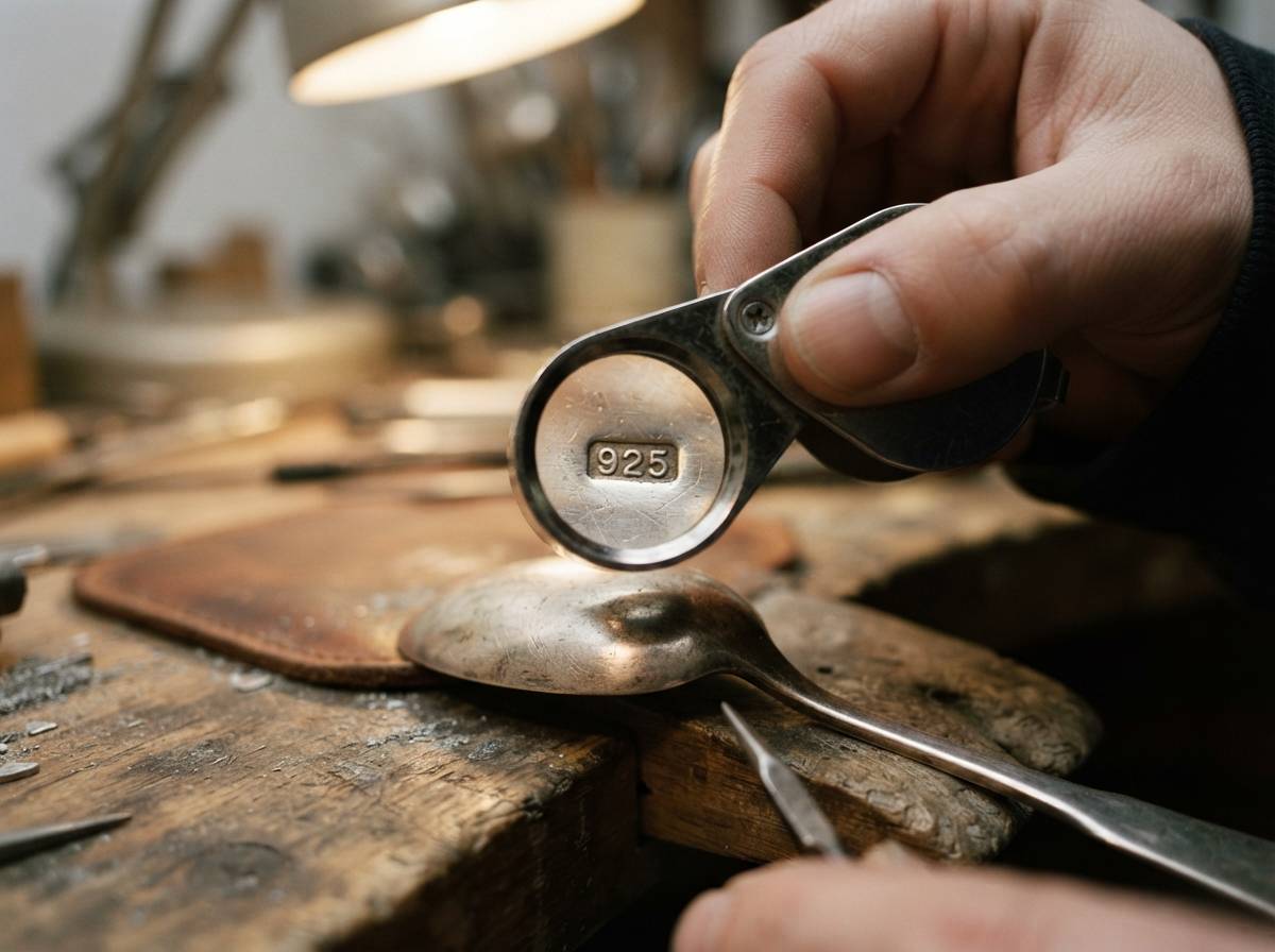 A jeweler examines a stamped purity mark on a sterling silver spoon under a desk lamp.