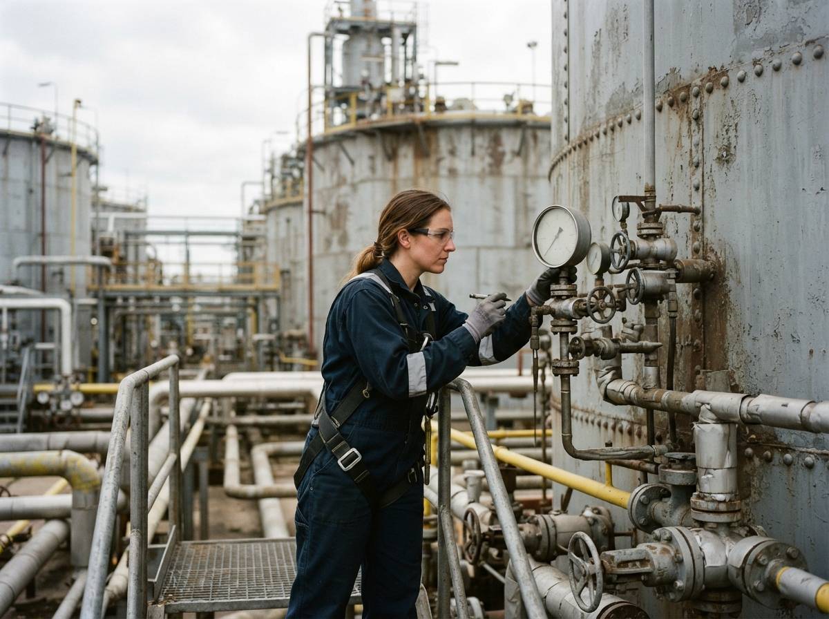 A refinery technician checks a gauge on an oil storage tank surrounded by pipework.