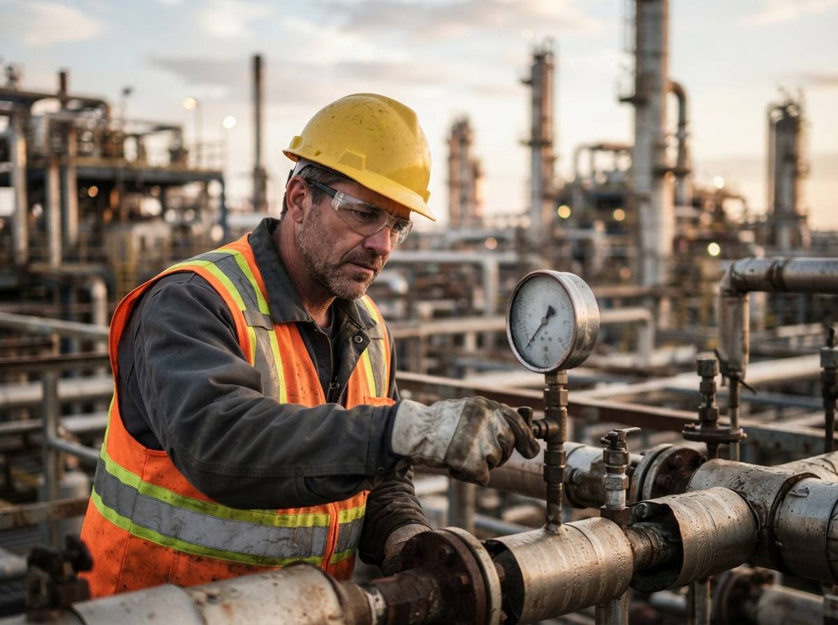 A refinery worker in a hard hat checks a pressure gauge on industrial piping at an oil facility.
