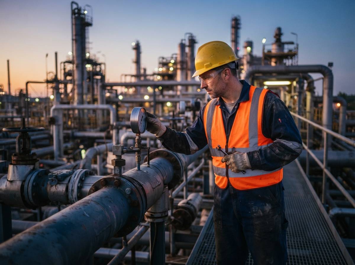 A refinery worker in safety gear checks a pressure gauge on industrial pipework in early morning light.