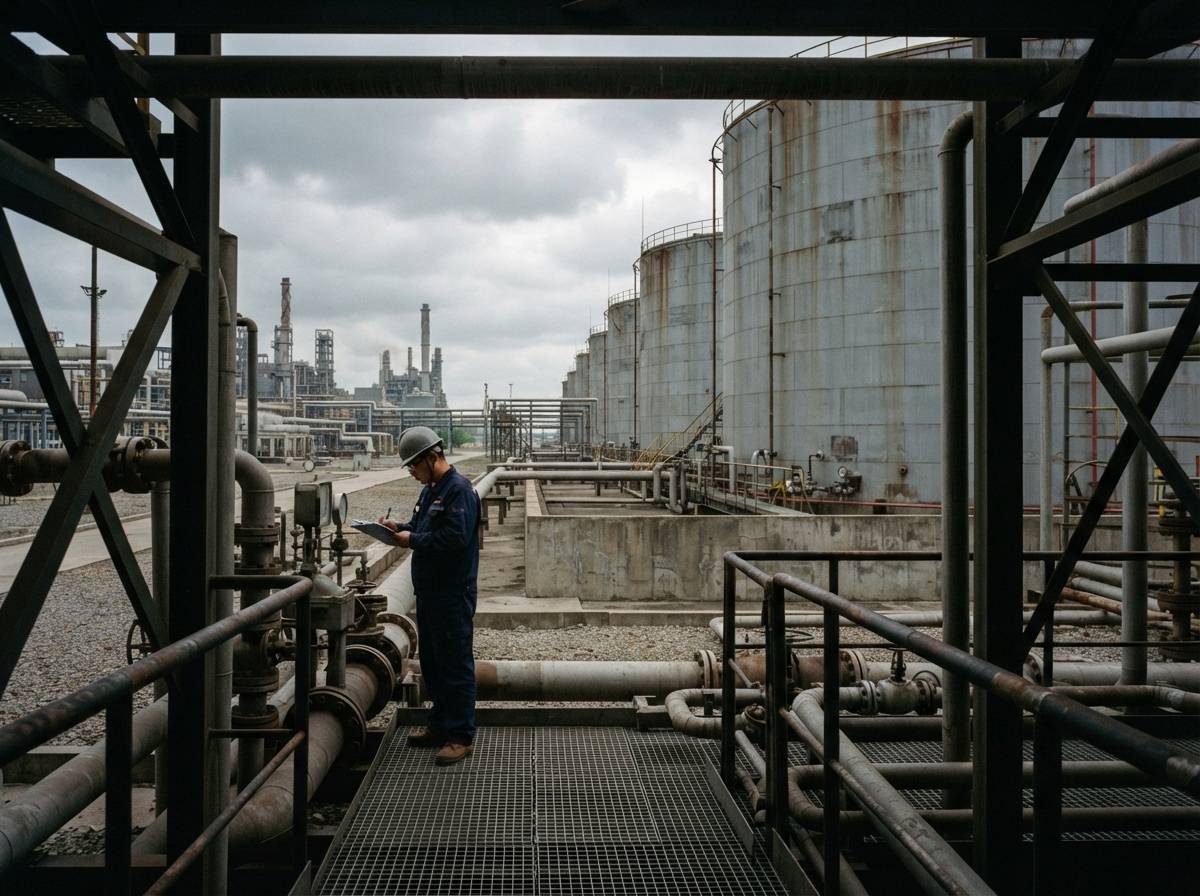 A refinery worker inspects crude storage tanks at an industrial site in China.