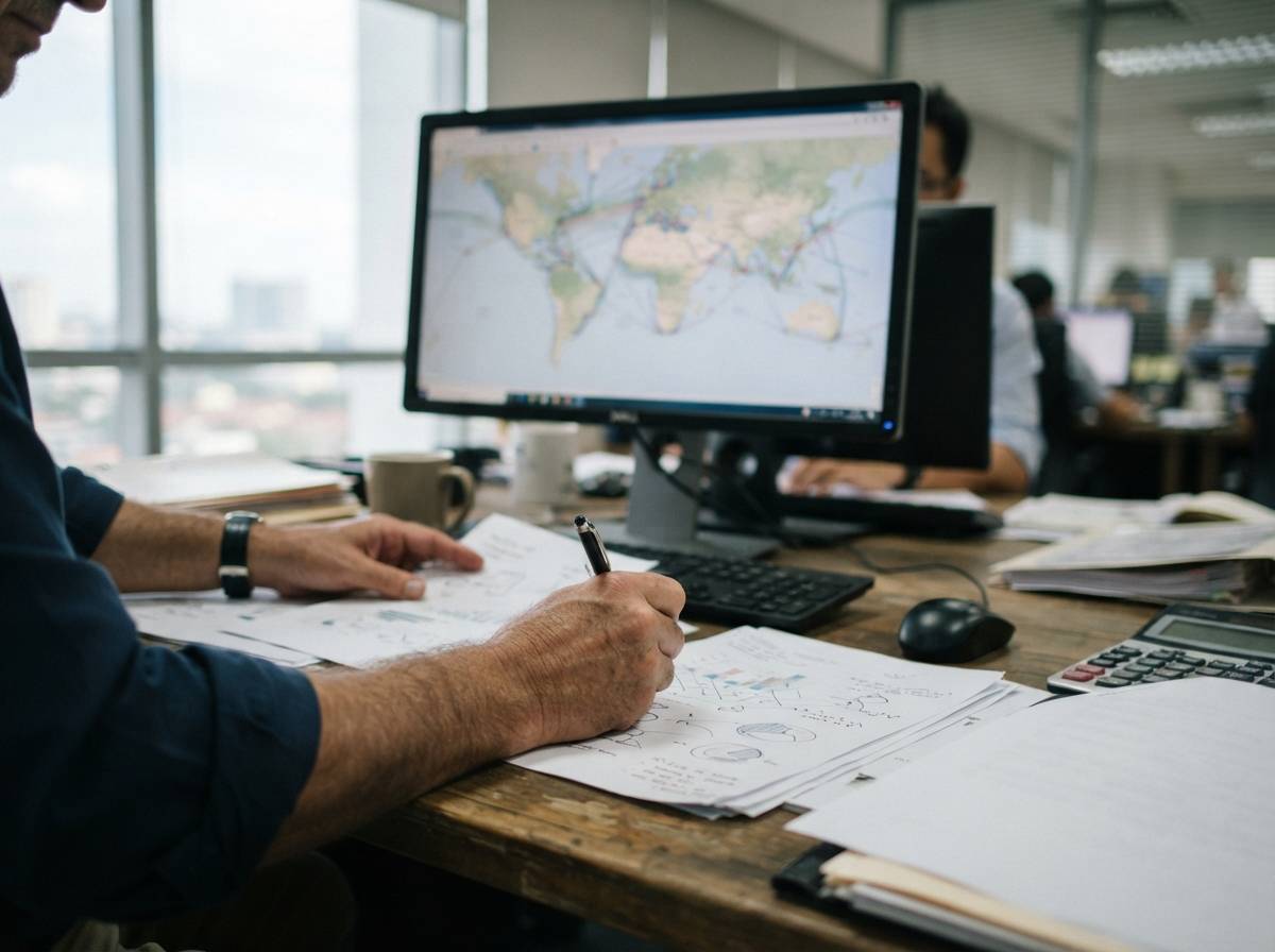 A shipping insurance broker reviews maritime route documents at a desk near a window.