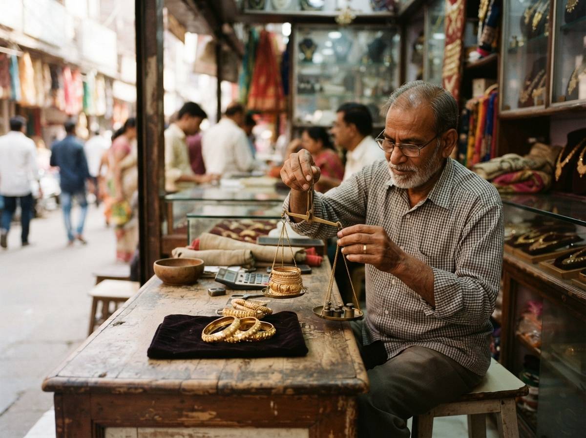A shopkeeper weighs gold jewelry on a scale at a market counter.