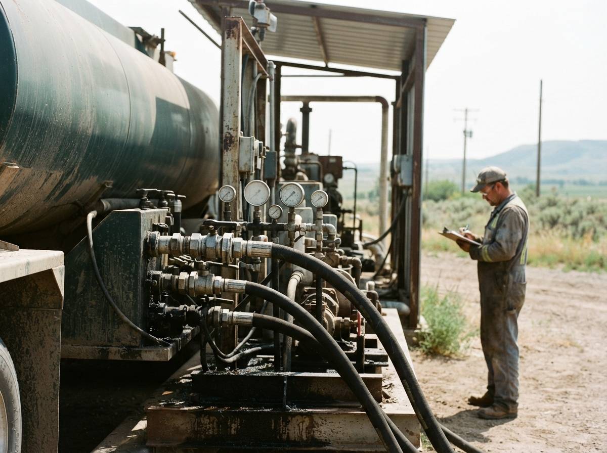 A tanker truck being loaded with crude oil at a pumping station while a driver checks paperwork nearby.