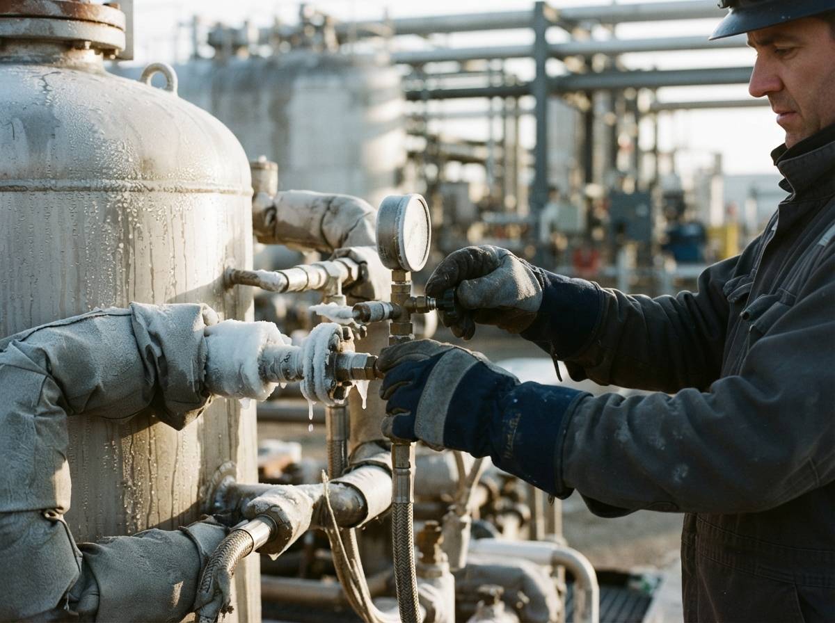 A technician checks a pressure gauge on a frosted natural gas liquids storage tank valve in early morning light.