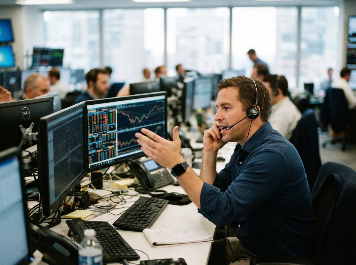 A trader gestures toward a screen showing oil futures data while speaking on the phone in a busy trading office.
