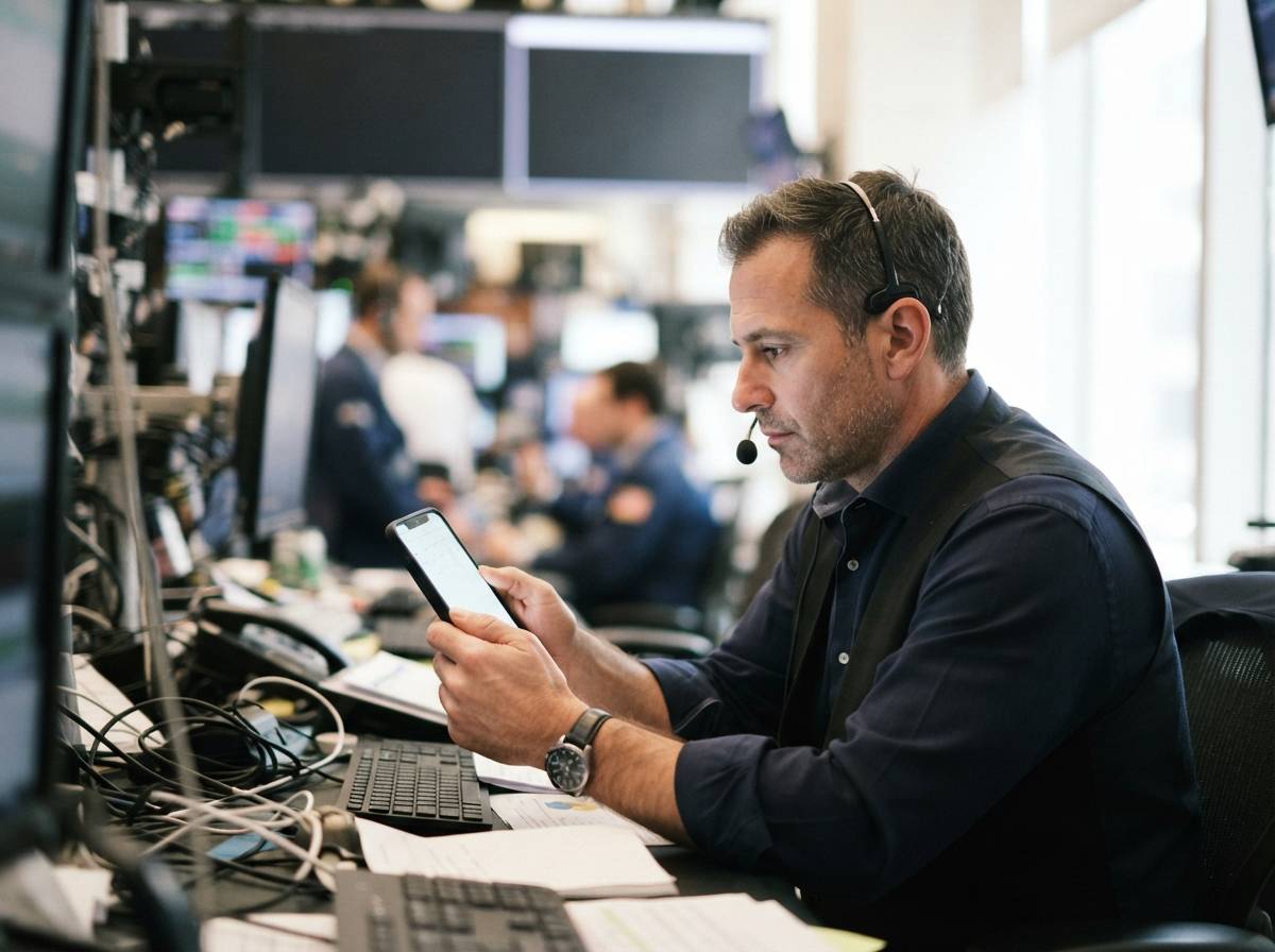 A trader reviews gold price movements on a handheld device on a trading floor.
