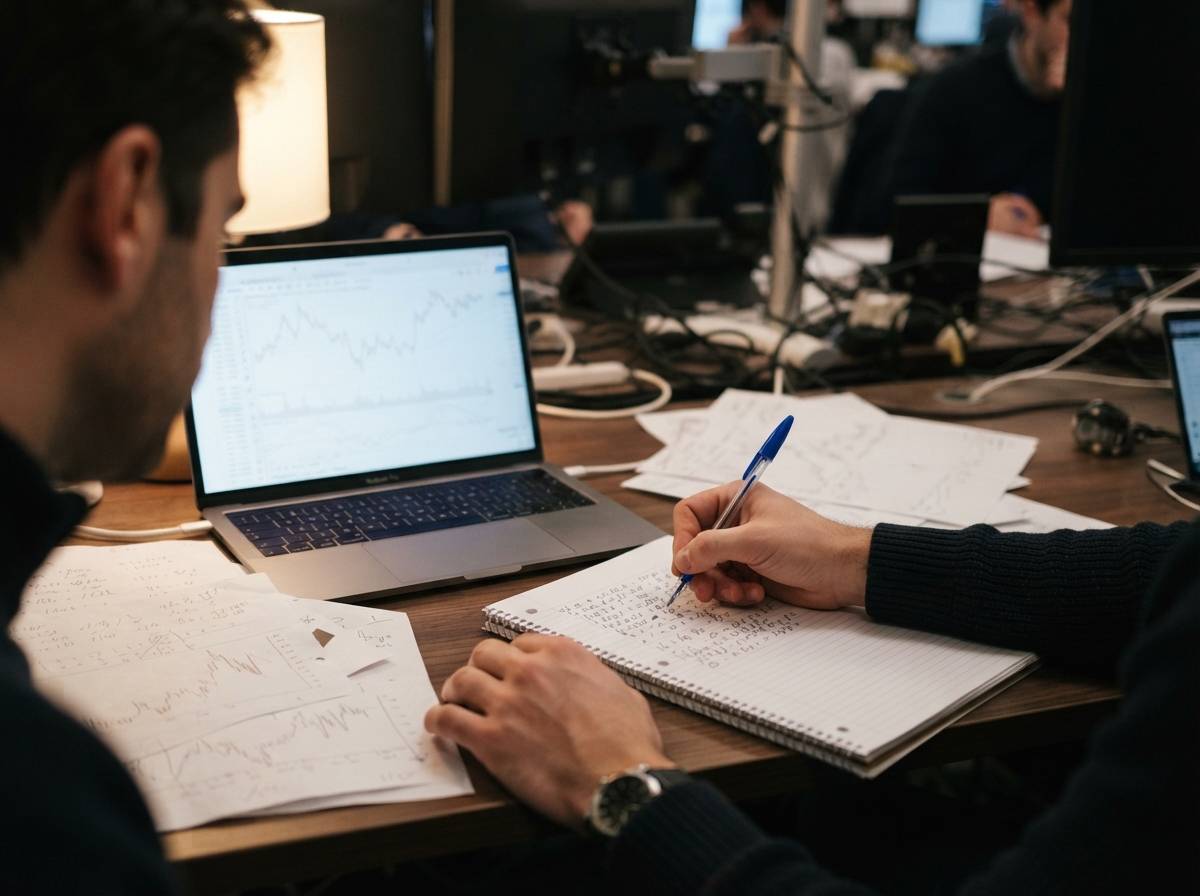 A trader's hand writes rate calculations on a notepad next to a laptop showing currency prices.