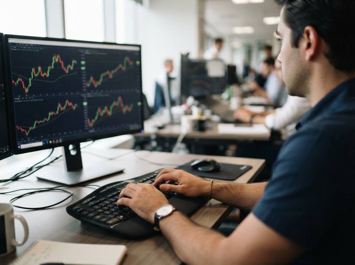 A trader's hands on a keyboard with commodity price charts visible on a computer screen nearby.