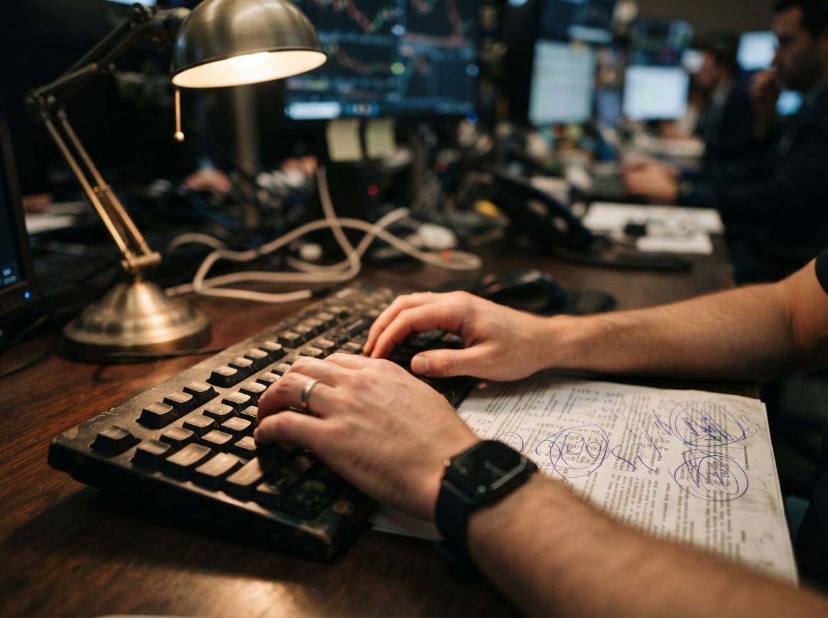A trader's hands type at a keyboard beside a printed term sheet with rate figures marked in pen.