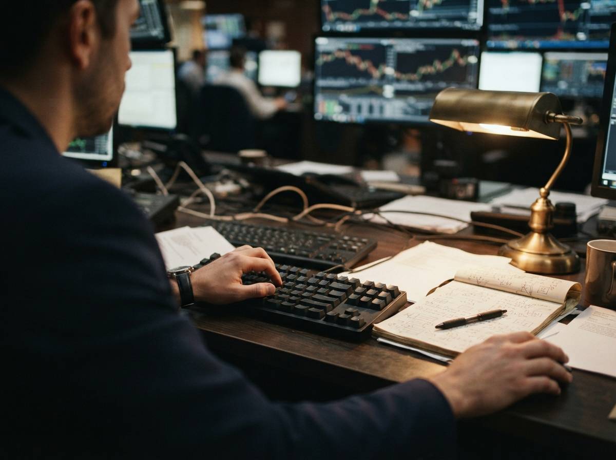 A trader's hands type on a keyboard next to a notepad covered in handwritten bond calculations.