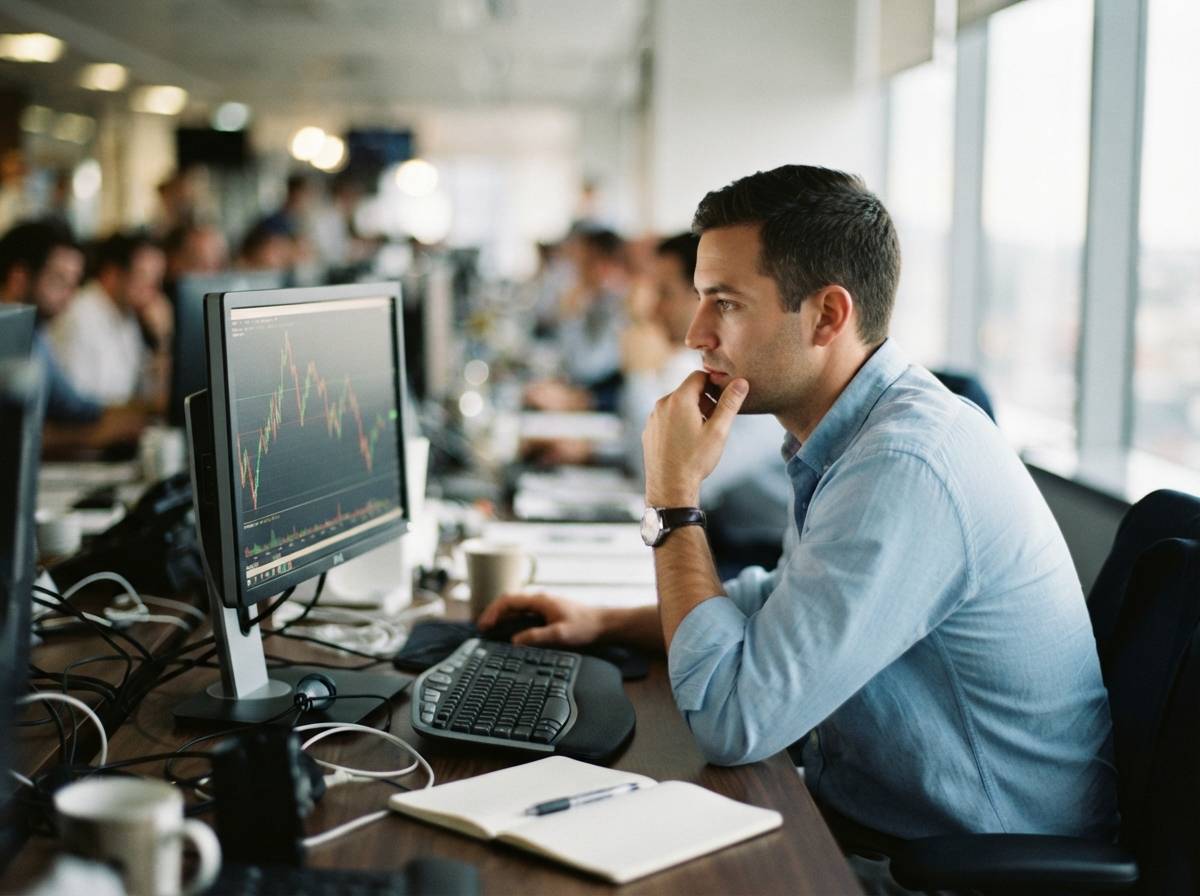 A trader studies a crude oil price chart on a computer monitor in an office.