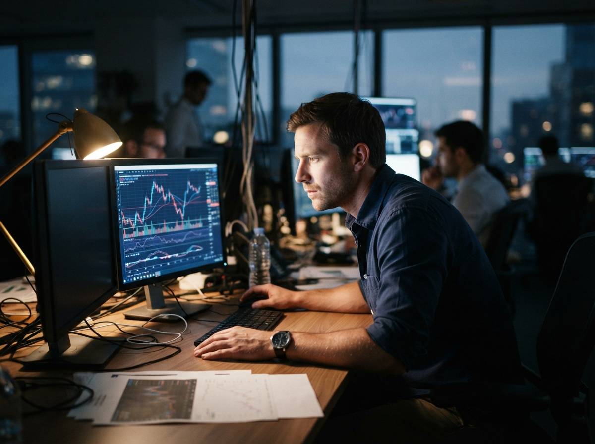 A trader studies crude oil price charts on a desktop monitor in a dimly lit office.