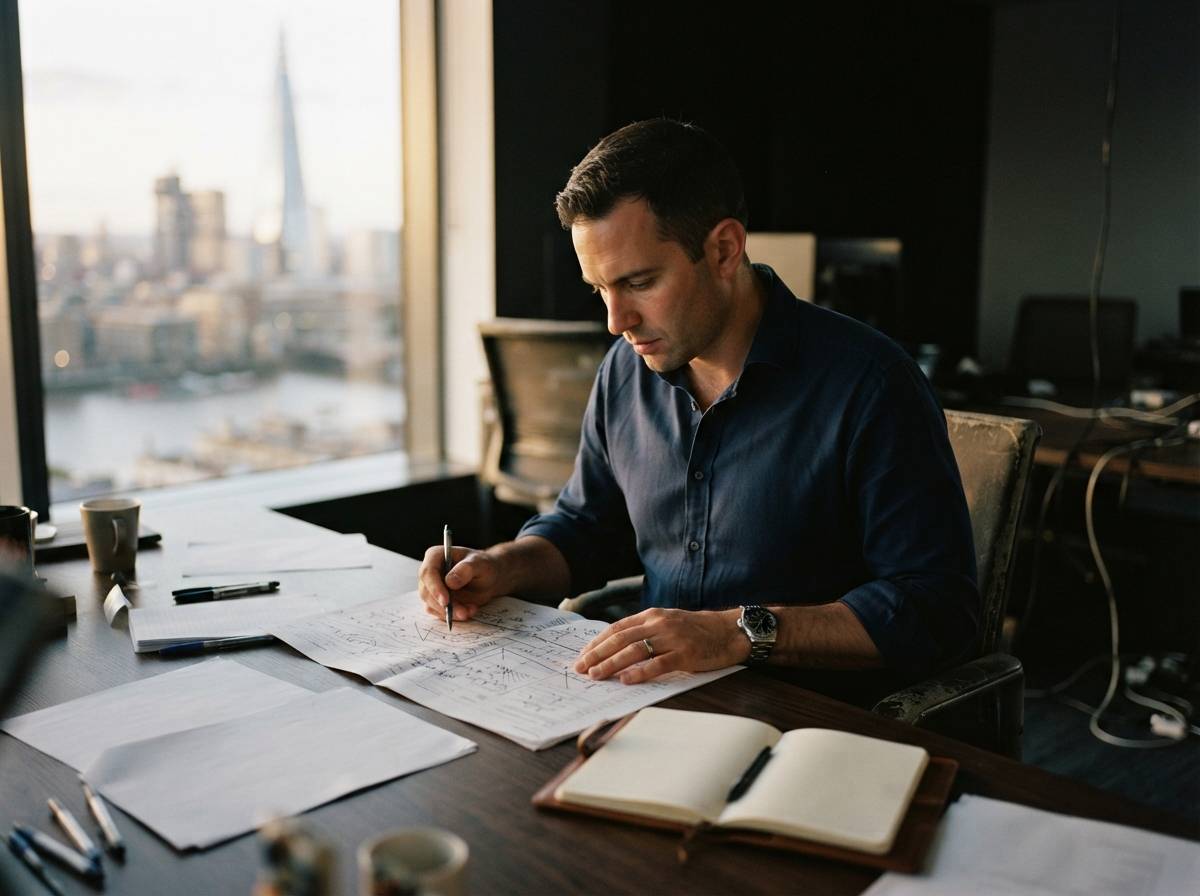 A trader studies delivery schedules at a desk in a quiet office.