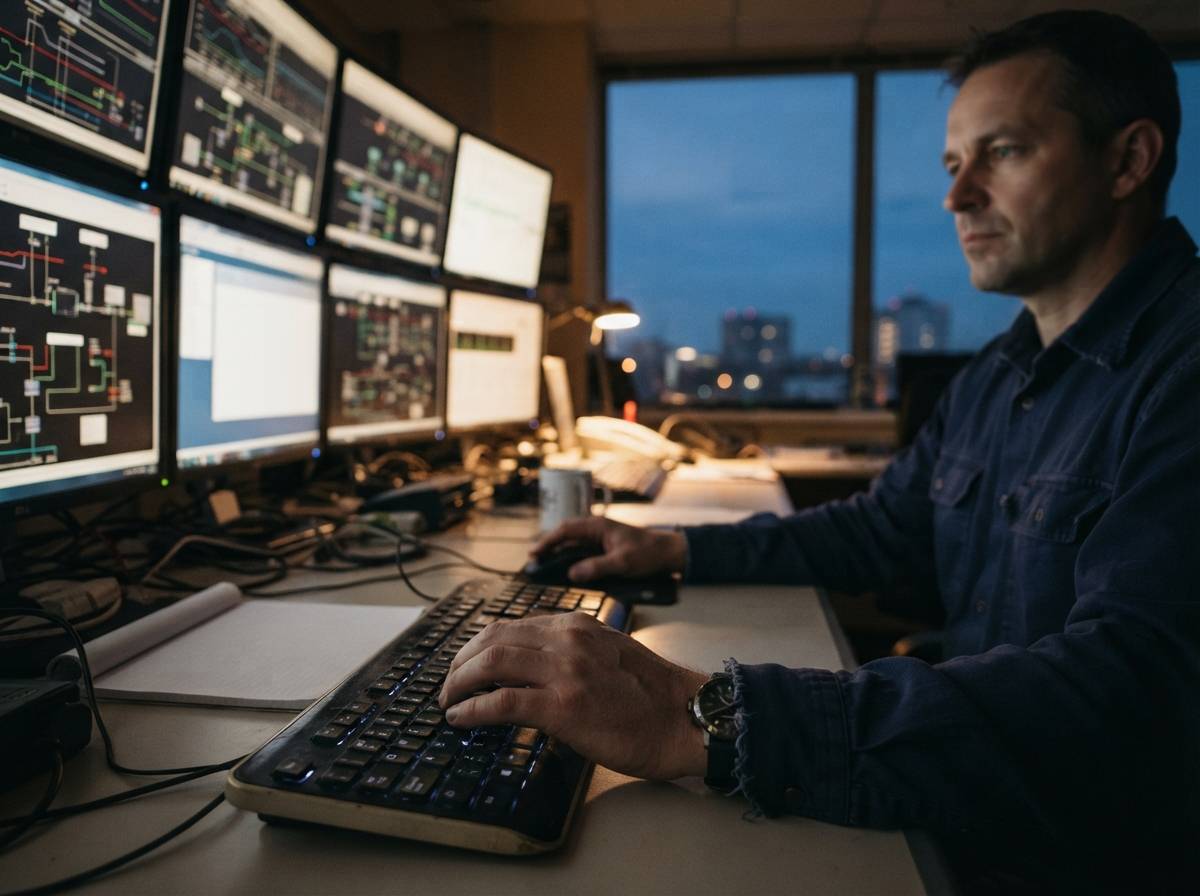 A utility engineer monitoring grid data screens inside a control room at dusk.