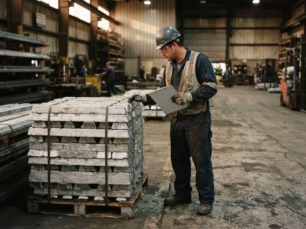A warehouse worker checks stacked metal ingots against an inventory list in a storage yard.