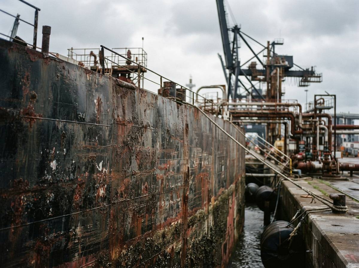 A weathered oil tanker docked at a port terminal beneath an overcast sky.