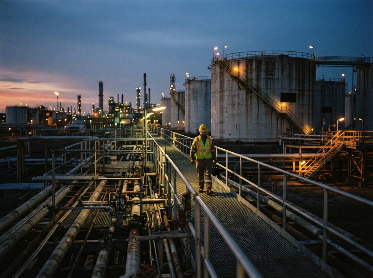 A worker in a hard hat walks along a catwalk at an oil storage tank facility at dusk.