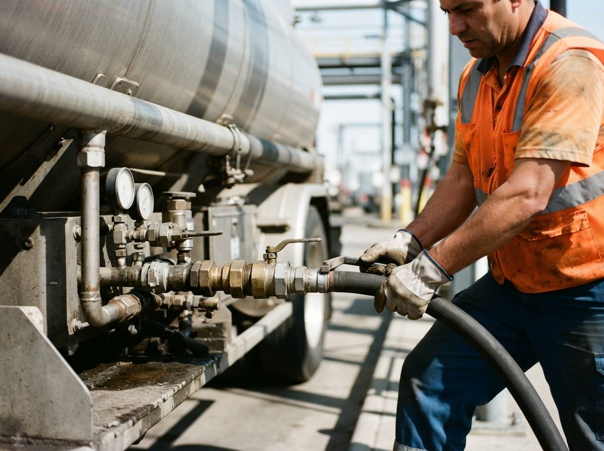 A worker in a hi vis vest loading fuel into a tanker truck at a distribution terminal.