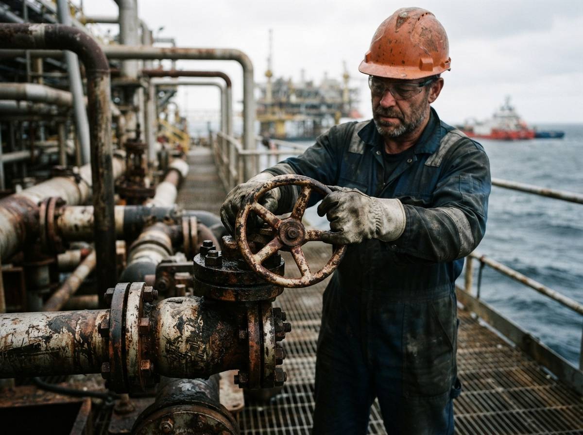 A worker inspecting a pipeline valve at an oil storage facility near the coast.