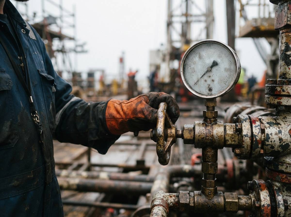 A worker's gloved hand checking a valve gauge on offshore drilling equipment.