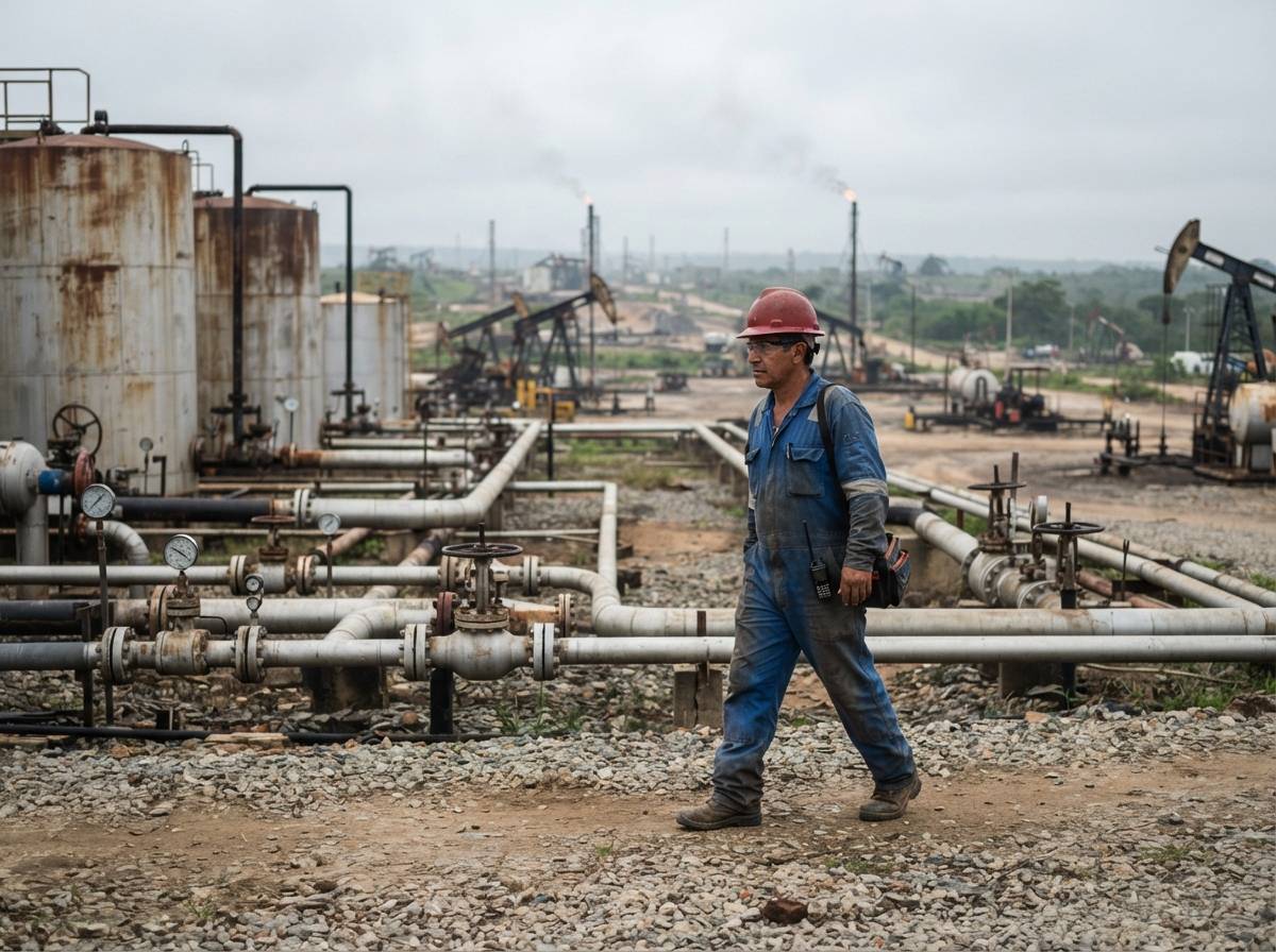 A worker walks beside oil production pipes at a Venezuelan field.