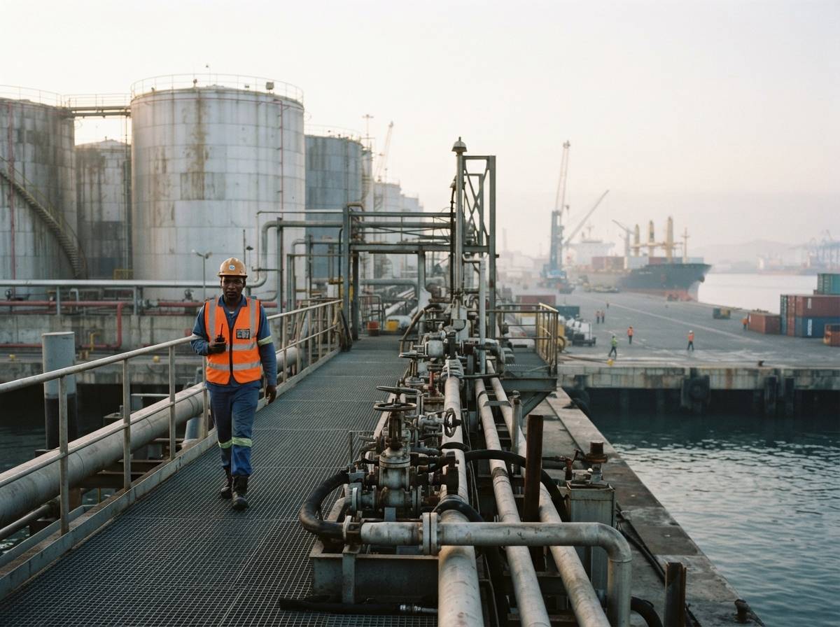 A worker walks past oil storage tanks and pipeline infrastructure at a busy port terminal.