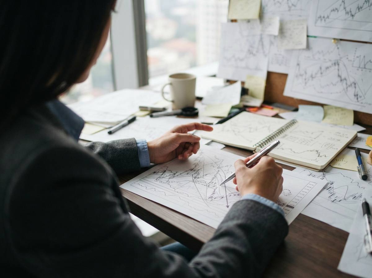 An analyst points to a printed oil price chart while reviewing recent price movements at a cluttered desk.