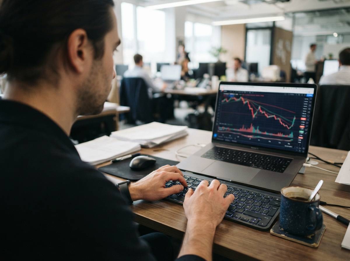 An analyst reviews declining market charts on a laptop while working at a desk.