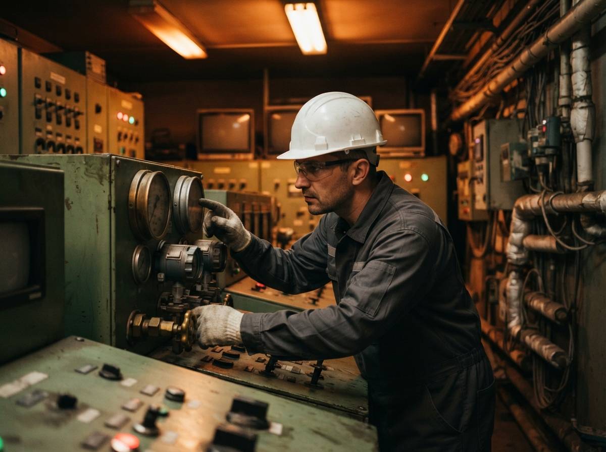 An engineer inspects pipeline gauges inside an oil refinery control room at night.