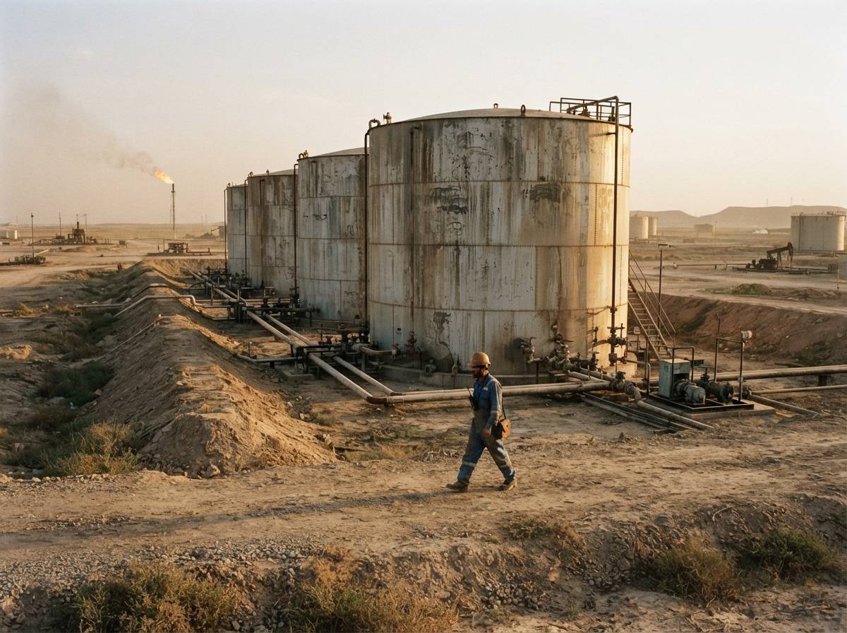 An oil field worker walks beside storage tanks in Iraq.