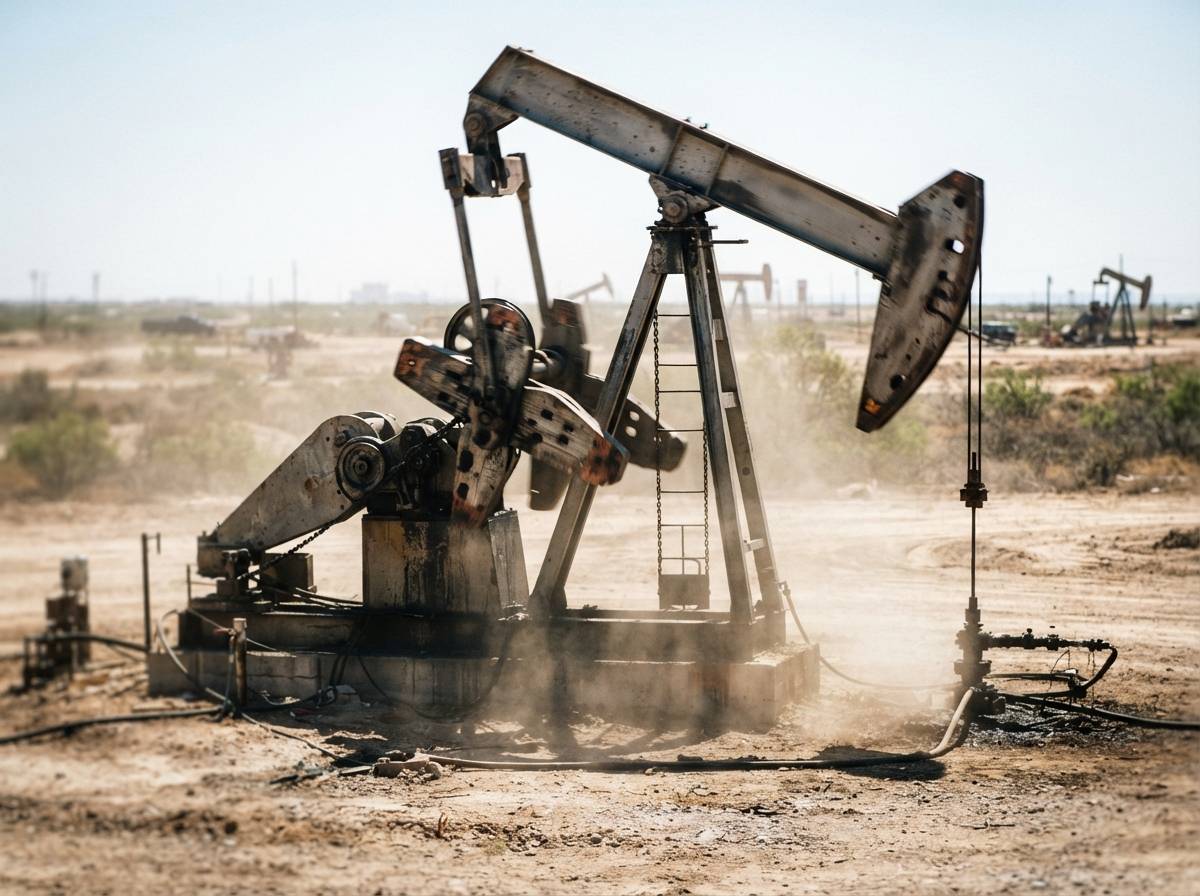 An oil pumpjack operating in a dusty field under bright daylight.