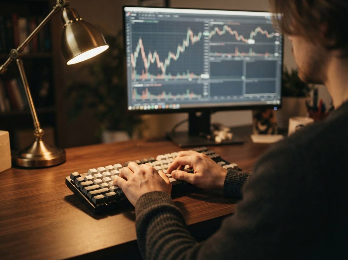 Close up of a trader's hands on a keyboard with futures charts glowing on the screen nearby.