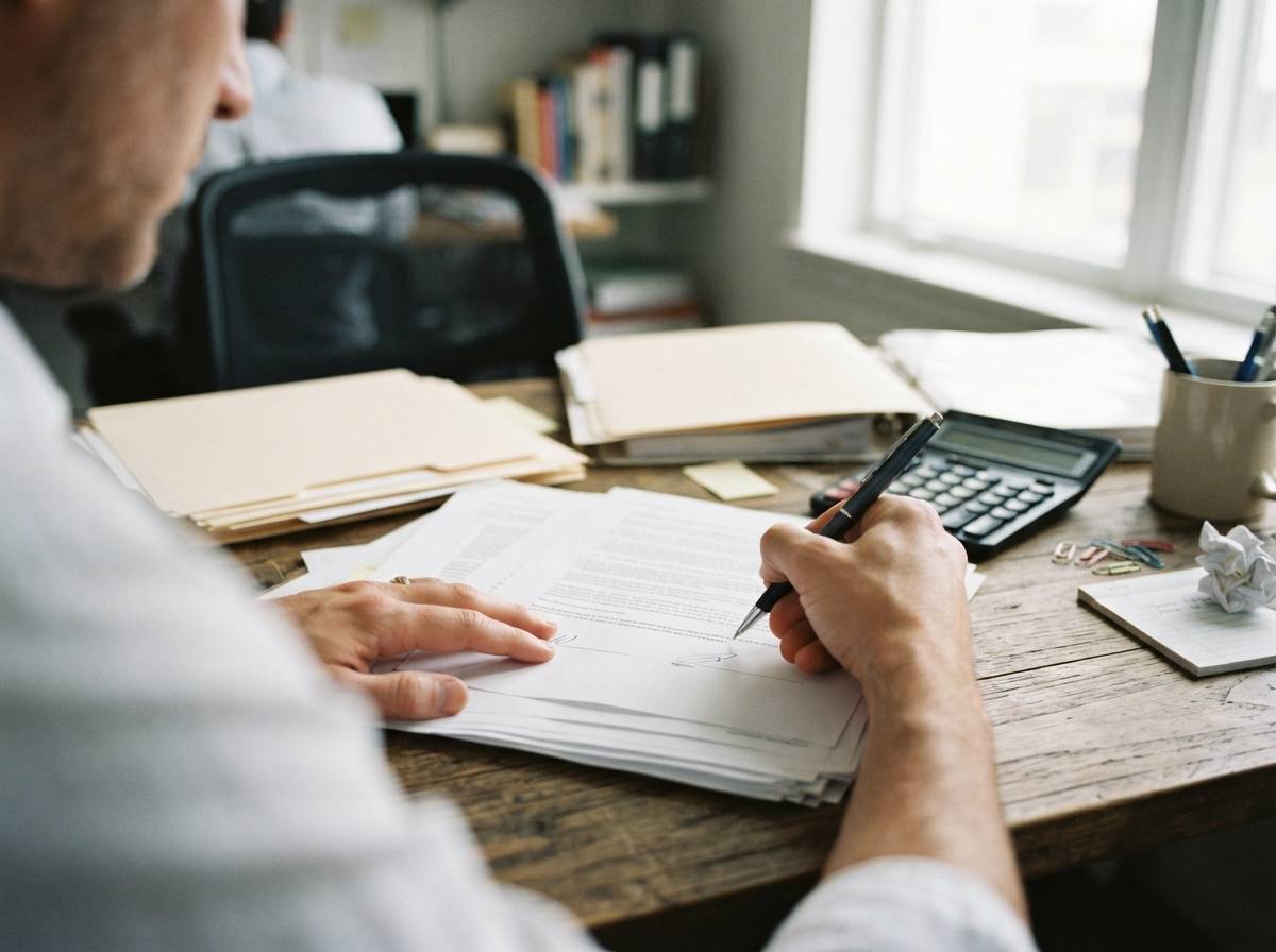 Close up of hands signing financial contract documents at an office desk.