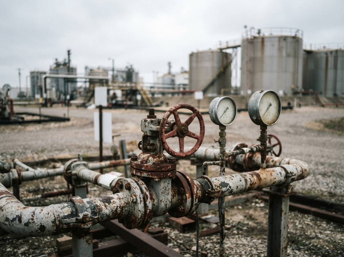 Close up of weathered pipeline valves and gauges at an oil storage facility under overcast daylight.
